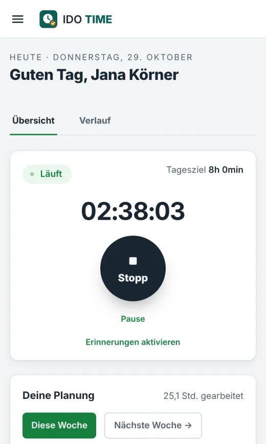 IDO TIME am Handy: Stempeln mit Start, Stopp und Pause