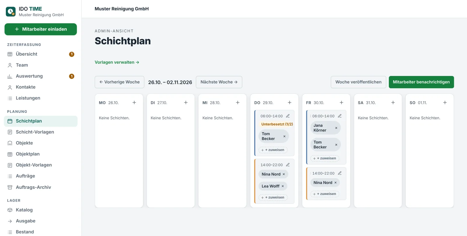 Schichtplan der Woche mit Früh- und Spätschicht und zugewiesenen Mitarbeitern